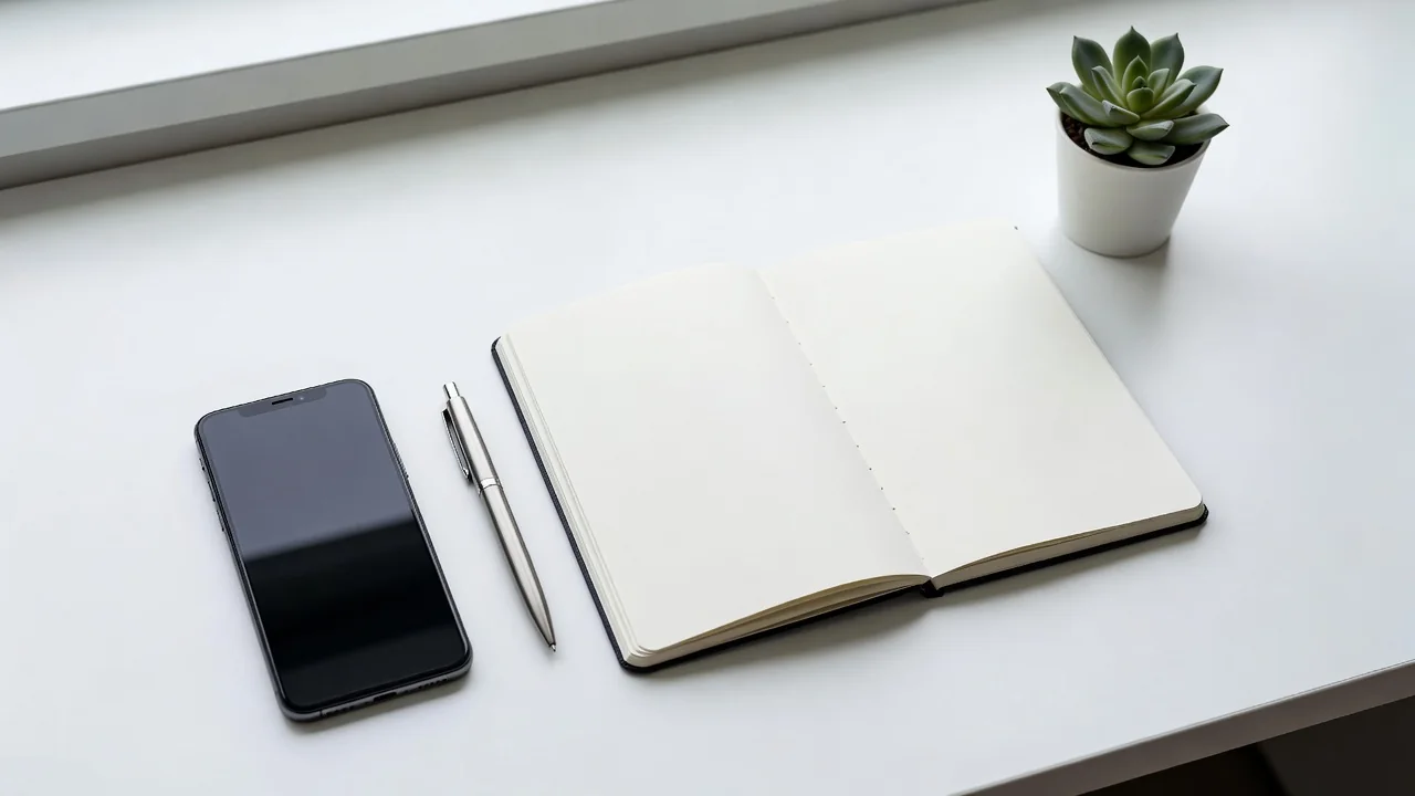 Masada smartfon, qələm və açıq qeyd dəftəri